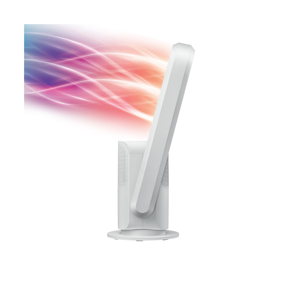 Weißer Ventilator mit bunten Lichteffekten, die von oben ausgehen.
