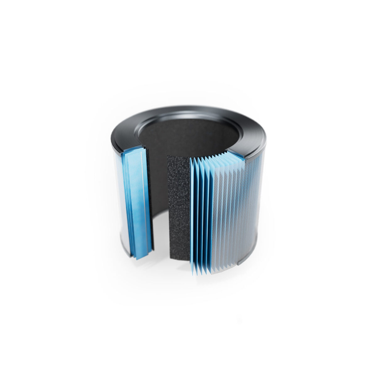 Luftfilter mit blauen und schwarzen Schichten. Kreisförmige Form. Weißer Hintergrund. Ausschnitt.