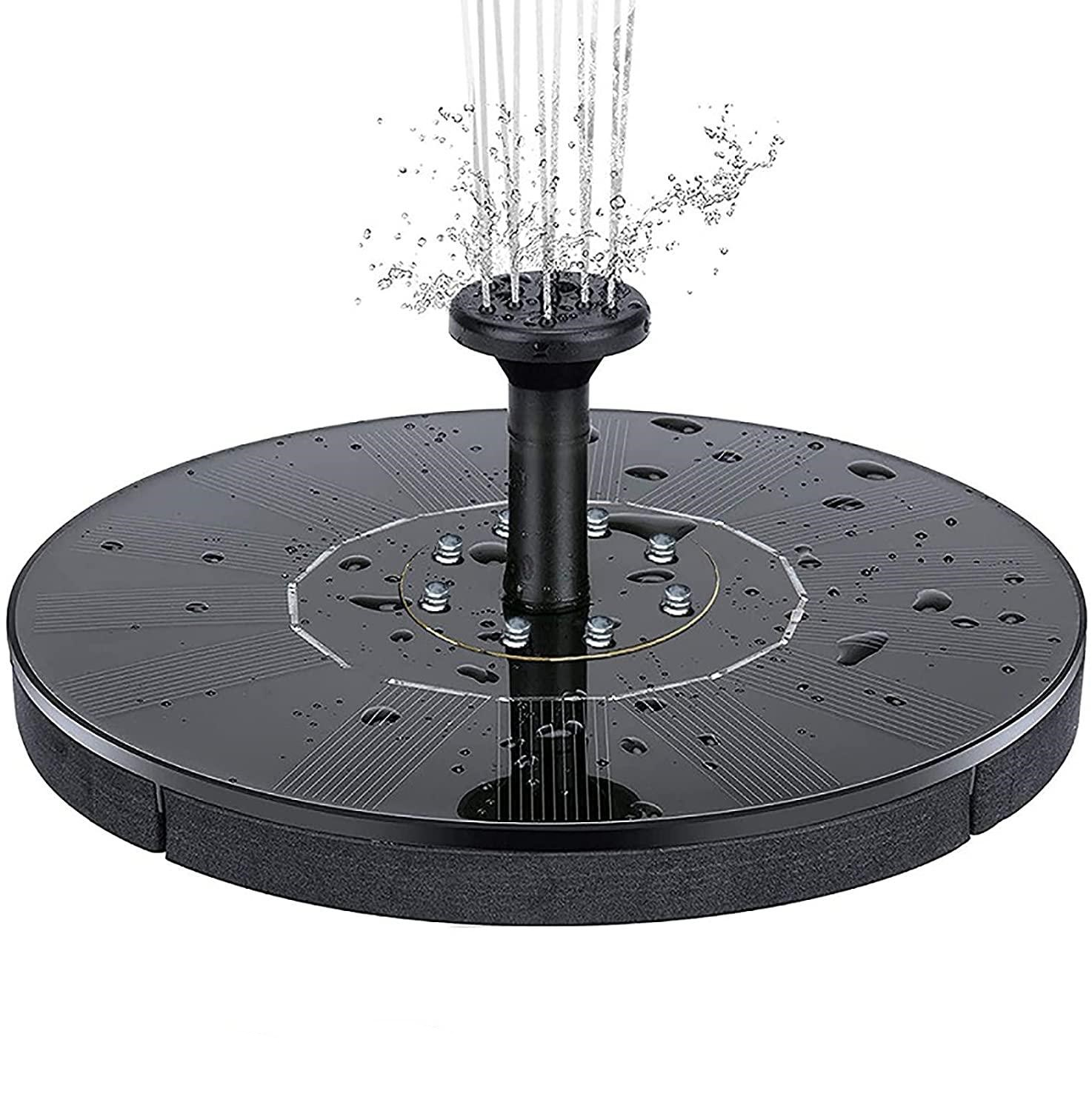 Zonne-waterfontein met zwarte basis, waterstralen en zwevende spray.