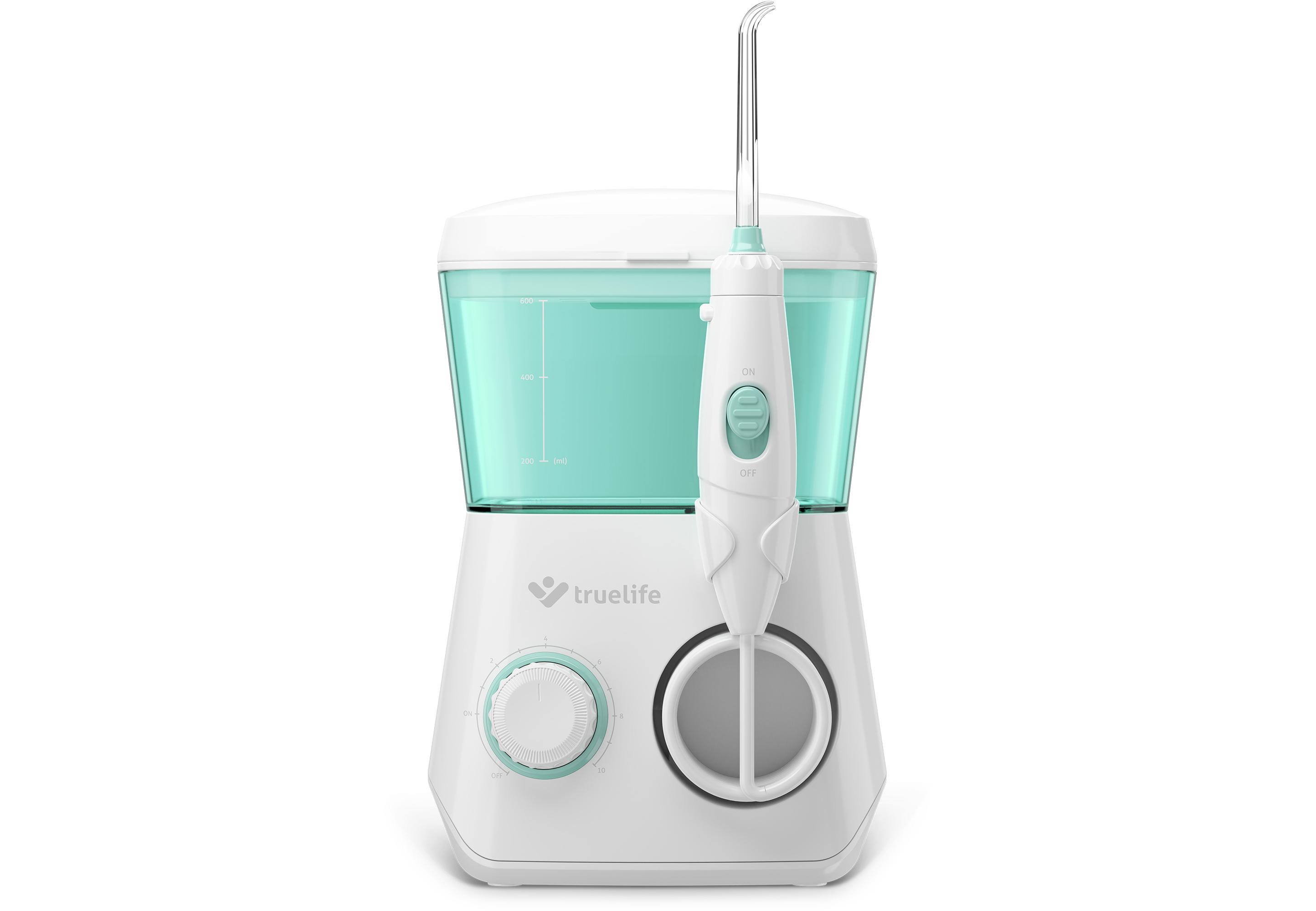Weiß-türkiser Wasser-Flosser mit schmaler Düse. Bedienelemente vorne, weißer Hintergrund.