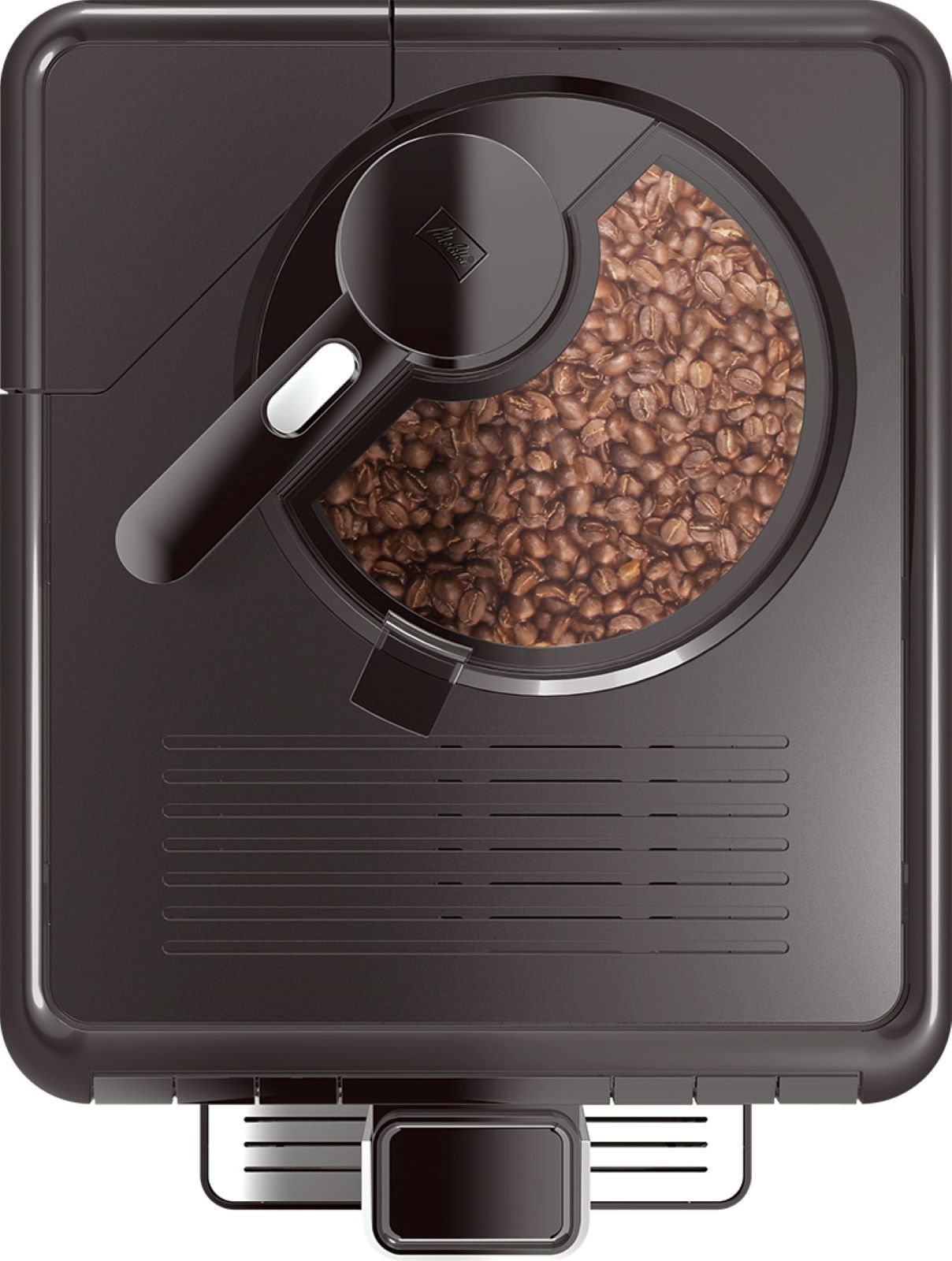 Vue de dessus de la cafetière, montrant le bac à grains et le moulin.