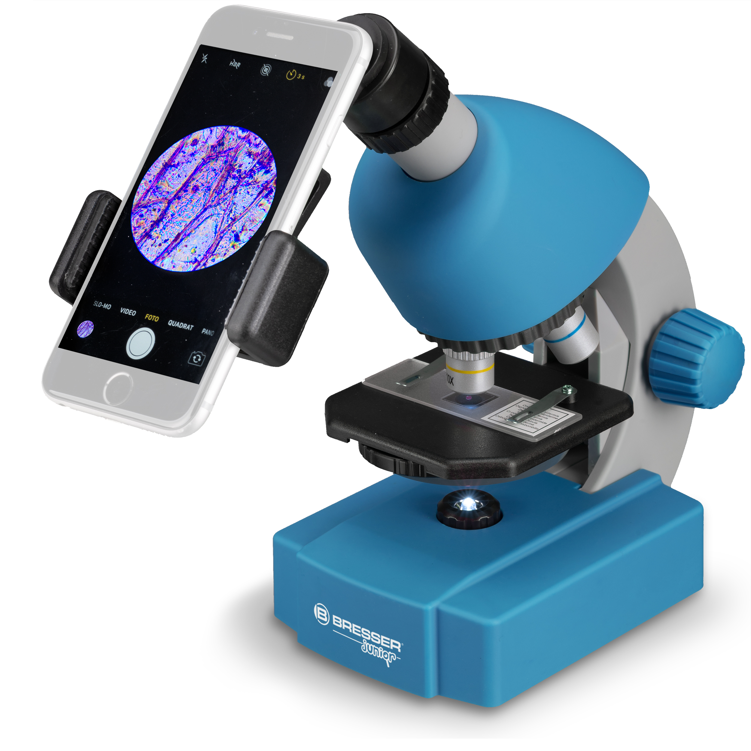 Un microscopio azul y blanco con un teléfono adjunto.
