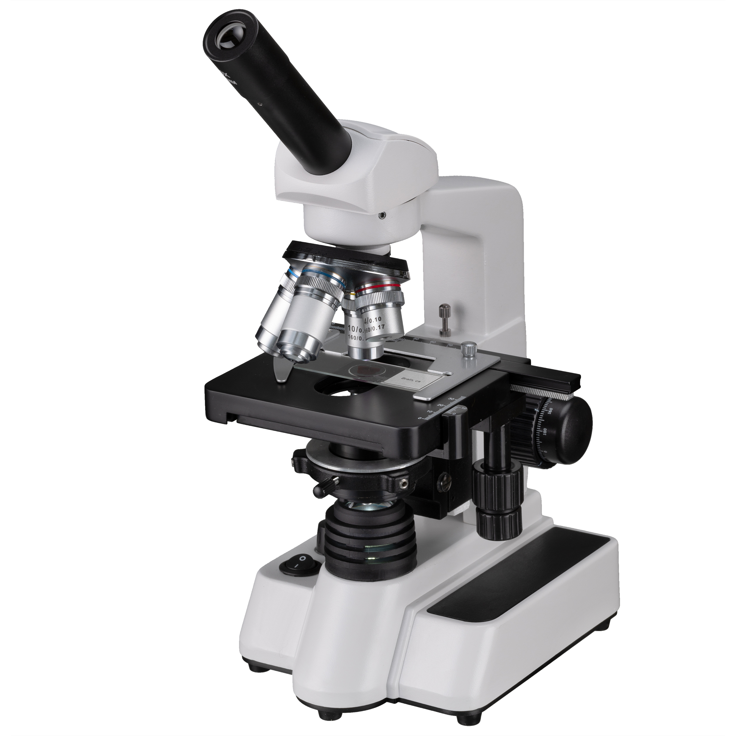 Microscopio blanco con partes negras, ocular inclinado y lentes de objetivo.