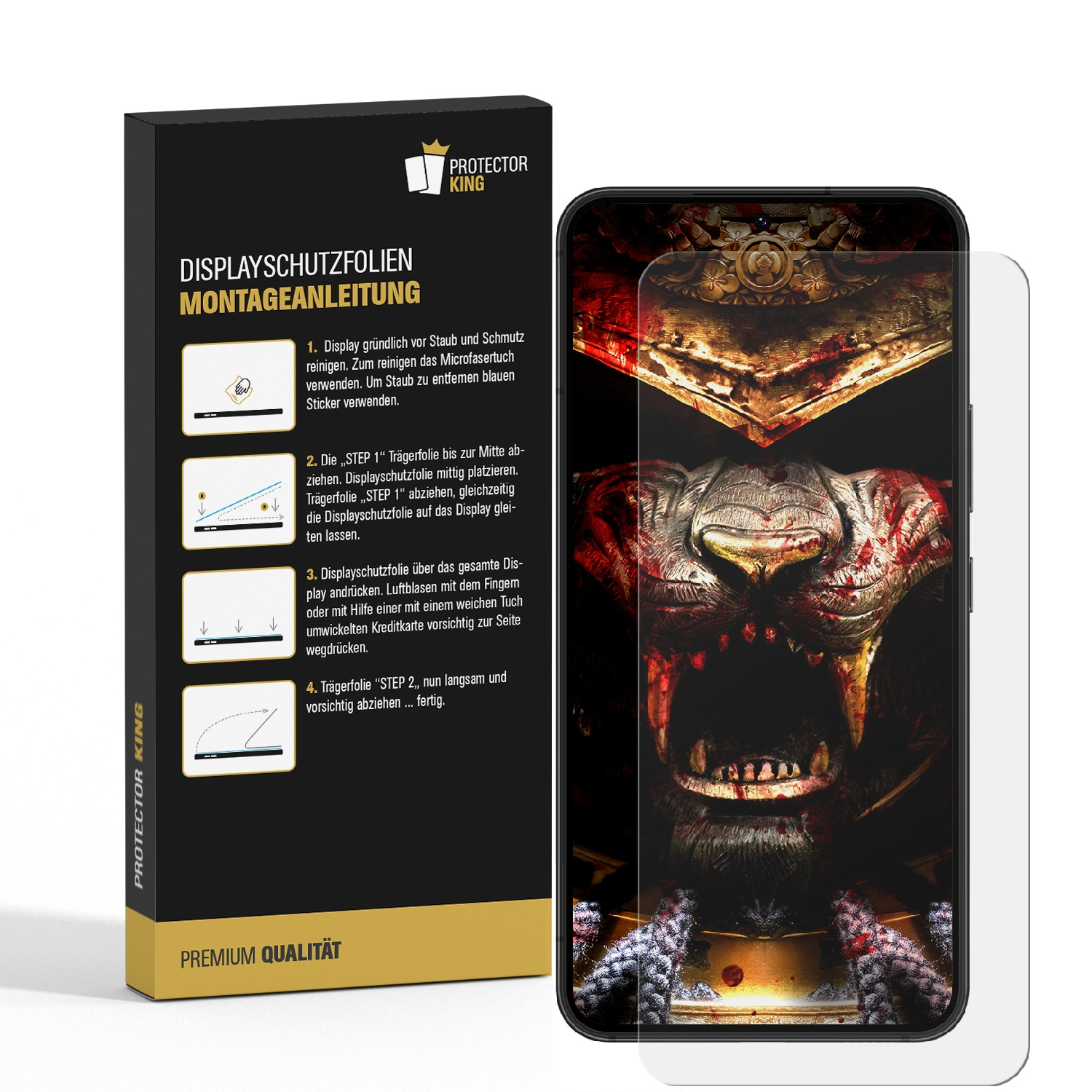 Telefon mit Displayschutzfolie, mit Anweisungen, und ein Telefon, auf weißem Grund.
