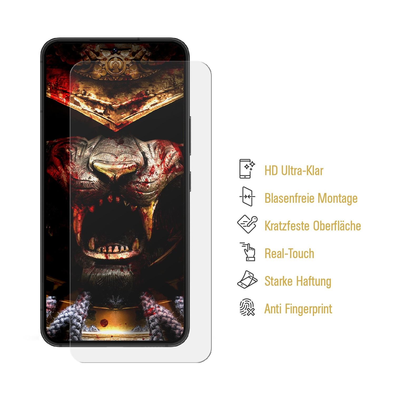 Ein Displayschutz auf einem Telefon, zeigt ein Monsterbild und Funktionssymbole.