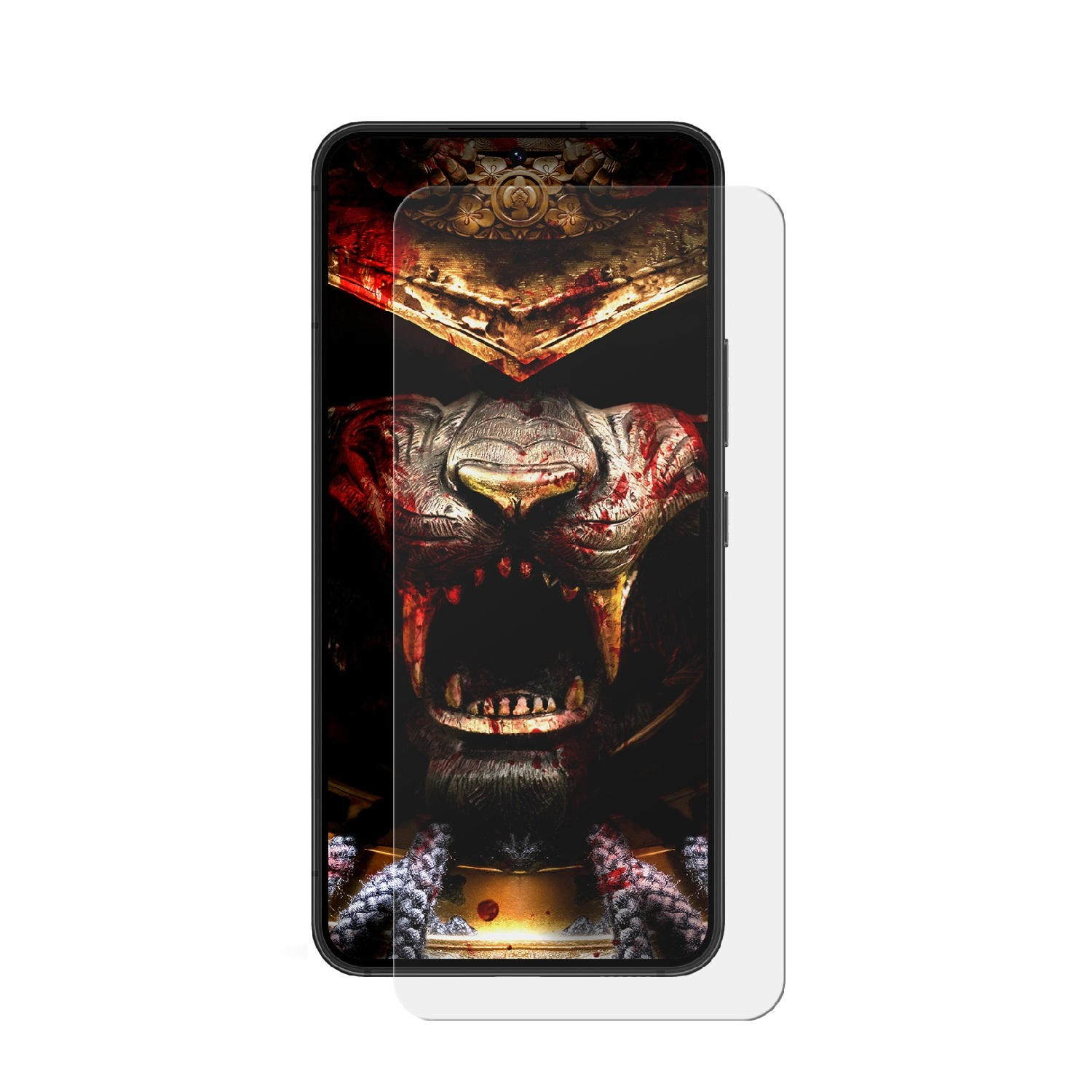 Ein Smartphone mit einem gruseligen Gesicht auf dem Bildschirm und einem Displayschutz daneben.