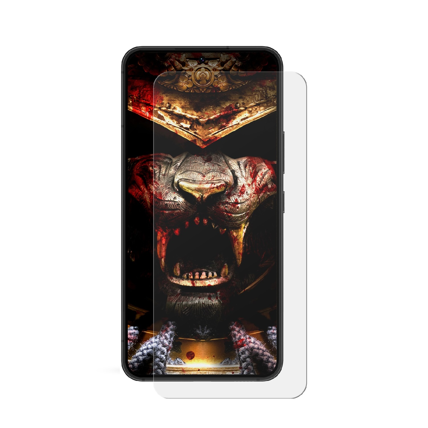 Smartphone mit Displayschutzfolie, die ein Monstergesicht zeigt.