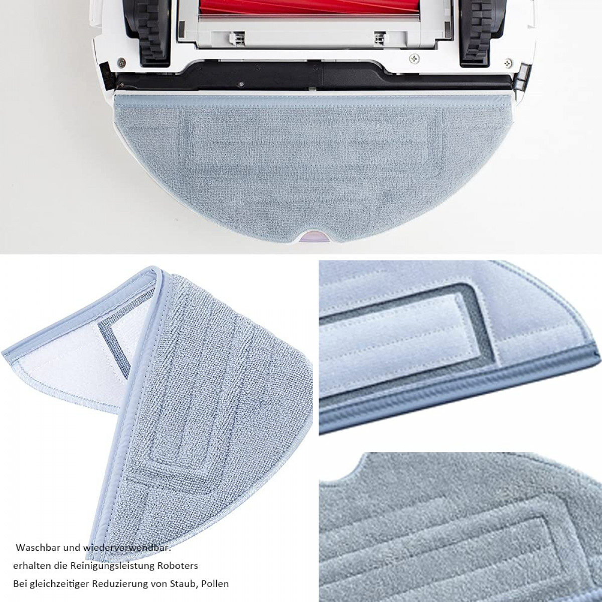 Zbliżenie robota sprzątającego z dołączoną jasnoniebieską podkładką czyszczącą z mikrofibry.