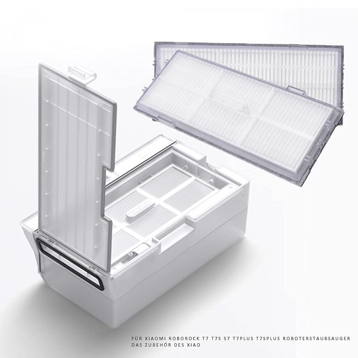 Zdemontowane części odkurzacza, w tym filtr i pojemnik na kurz z pokrywą.