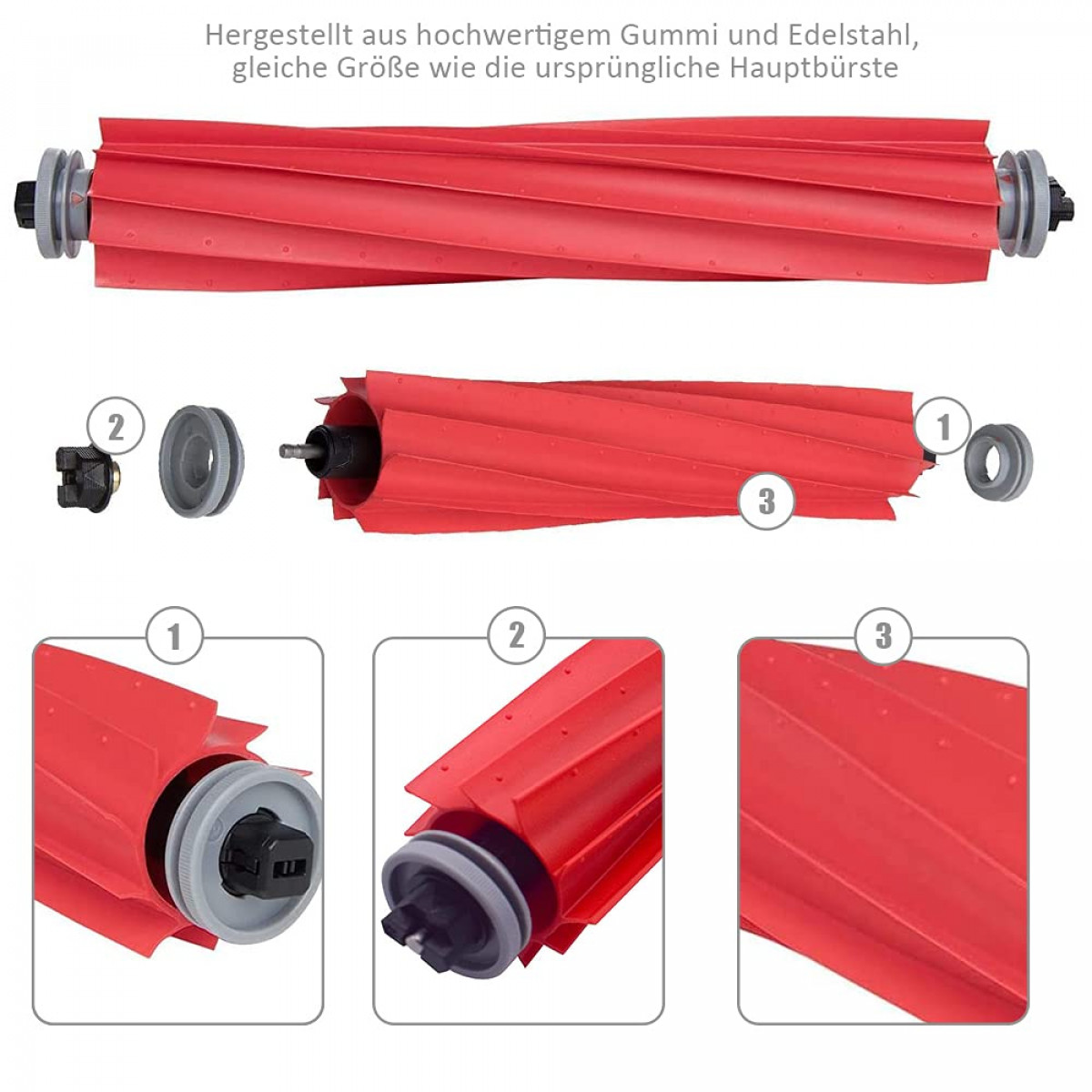 Czerwona szczotka do odkurzacza z oznaczonymi częściami, szczegółowo opisująca jej konstrukcję. Tekst wskazuje na wysokiej jakości materiały.