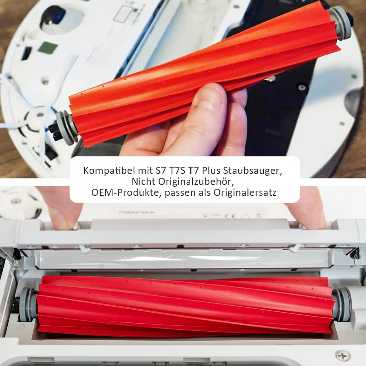Dwa zdjęcia pokazujące czerwony wałek do odkurzacza z nakładką tekstową o kompatybilności.