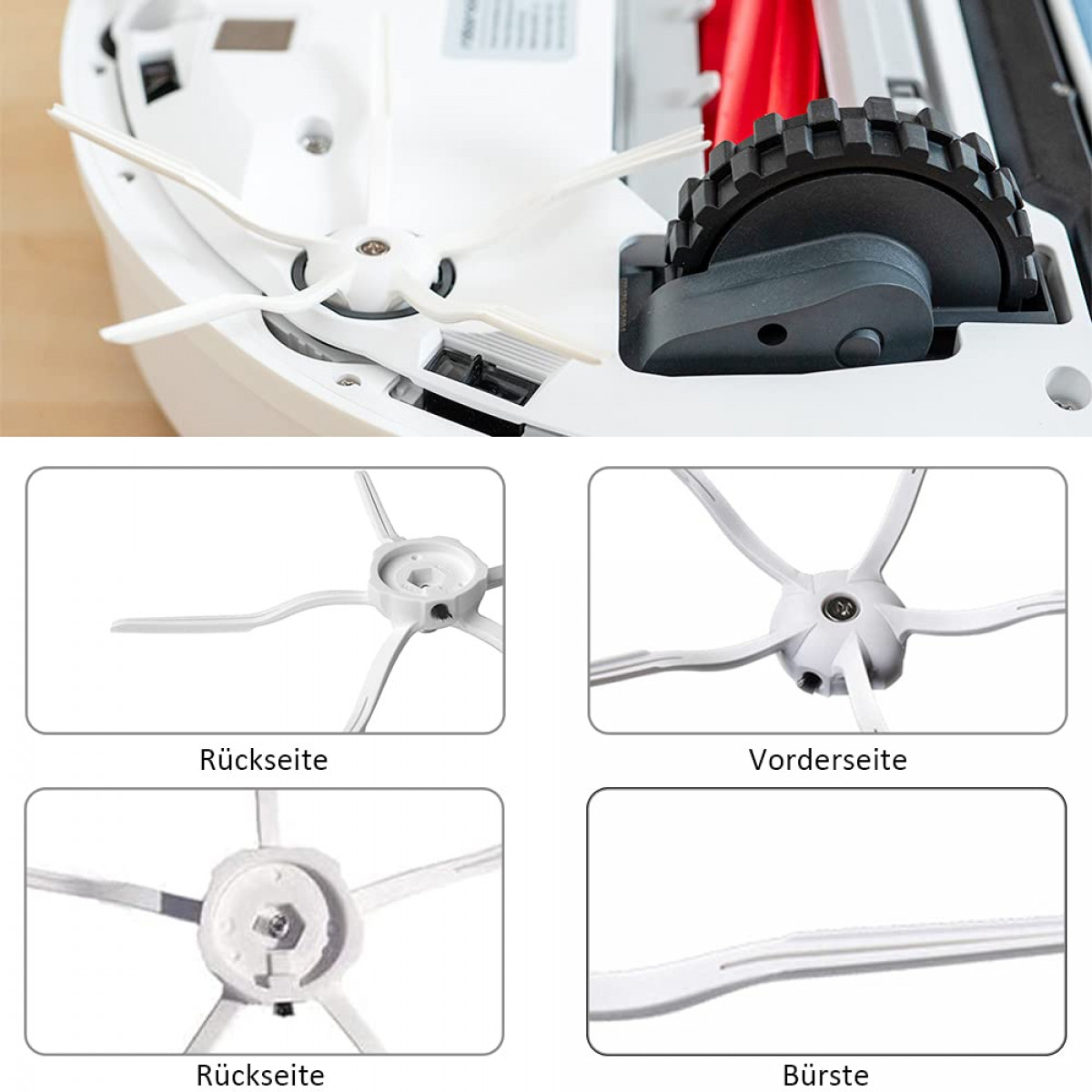 Szczegóły robota sprzątającego: szczotki i koła. Etykiety tekstowe w języku niemieckim. Białe tło.