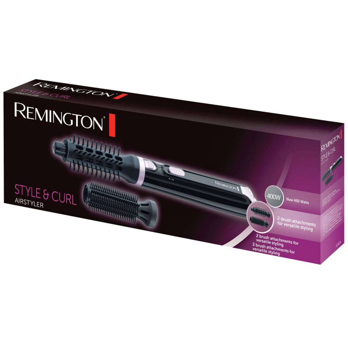 Remington Style & Curl saç şekillendirici kutusu, şekillendirici ve fırça başlıkları ile beyaz zemin.