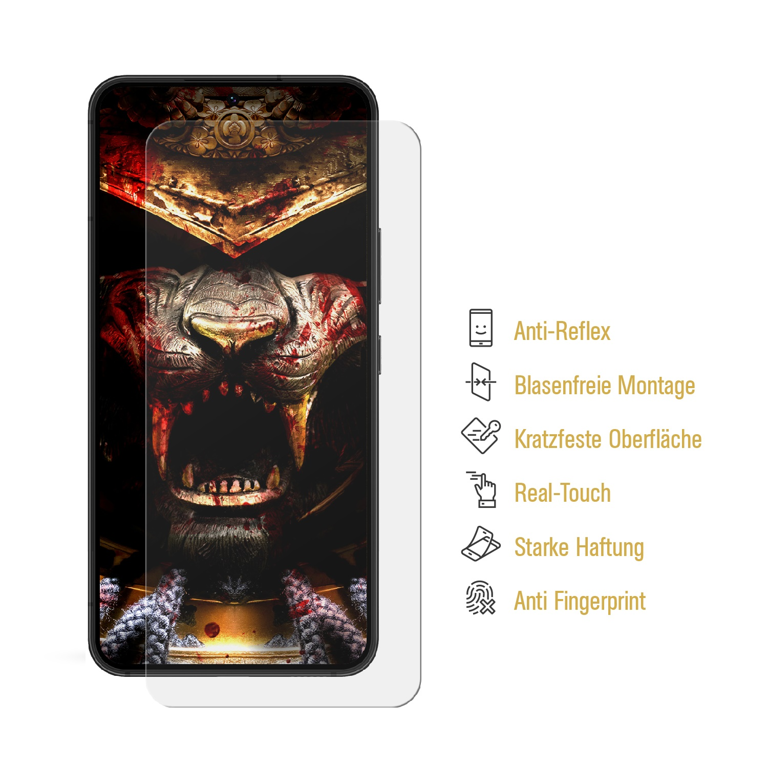 Telefon mit Displayschutz. Der Bildschirm zeigt einen Löwen. Schutzdetails werden gezeigt.