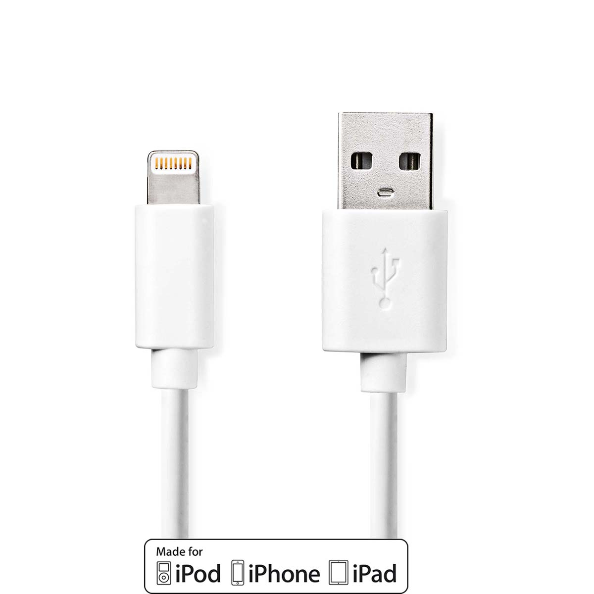 Câble USB vers Lightning blanc. Le câble a un connecteur USB-A et un connecteur Lightning, tous deux blancs.