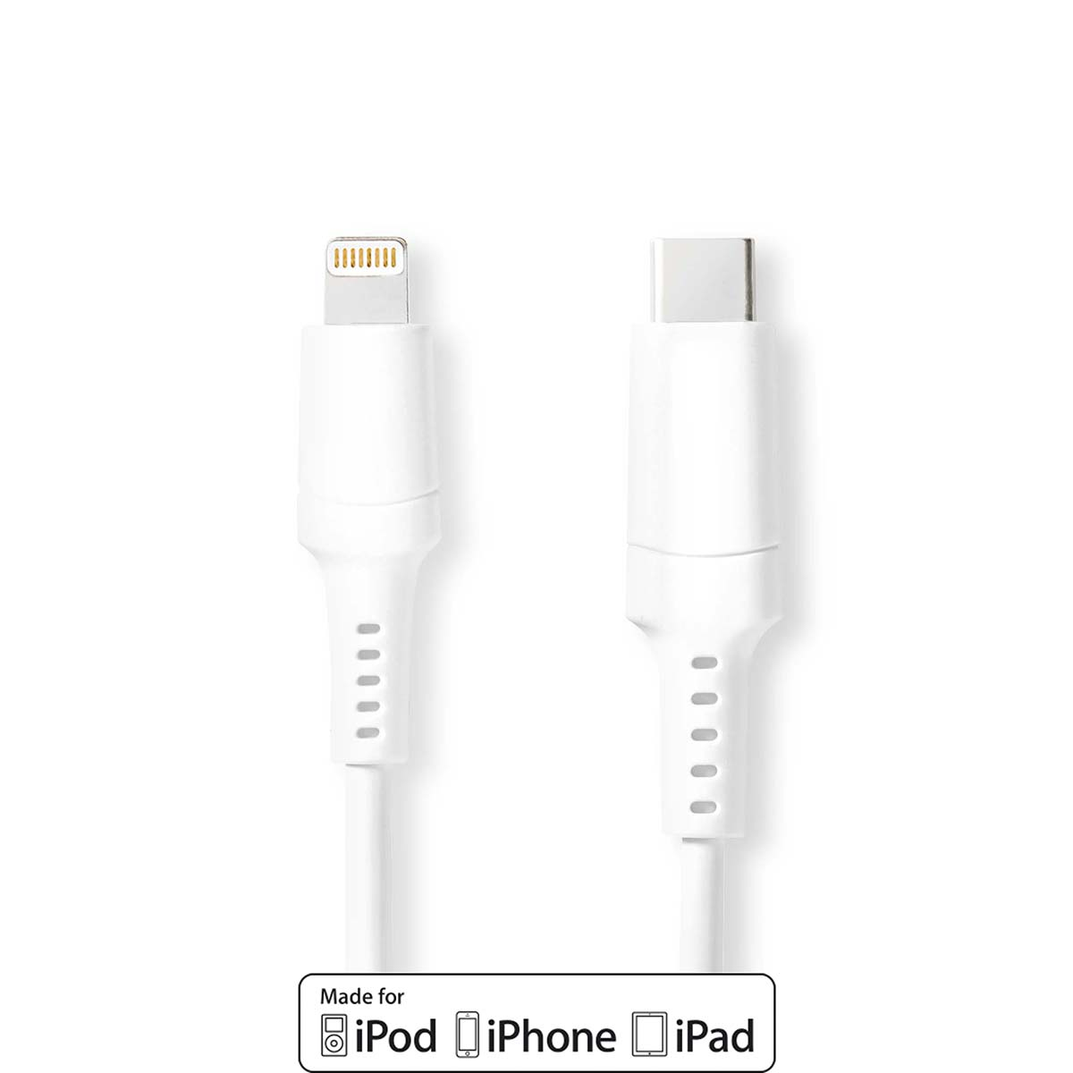 White charging cables with lightning and USB-C connectors. White background.