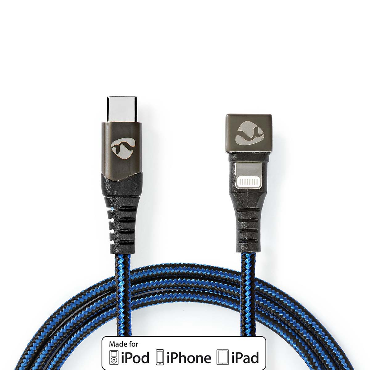 Black and blue braided USB-C to Lightning cable. Text at the bottom indicates compatibility.