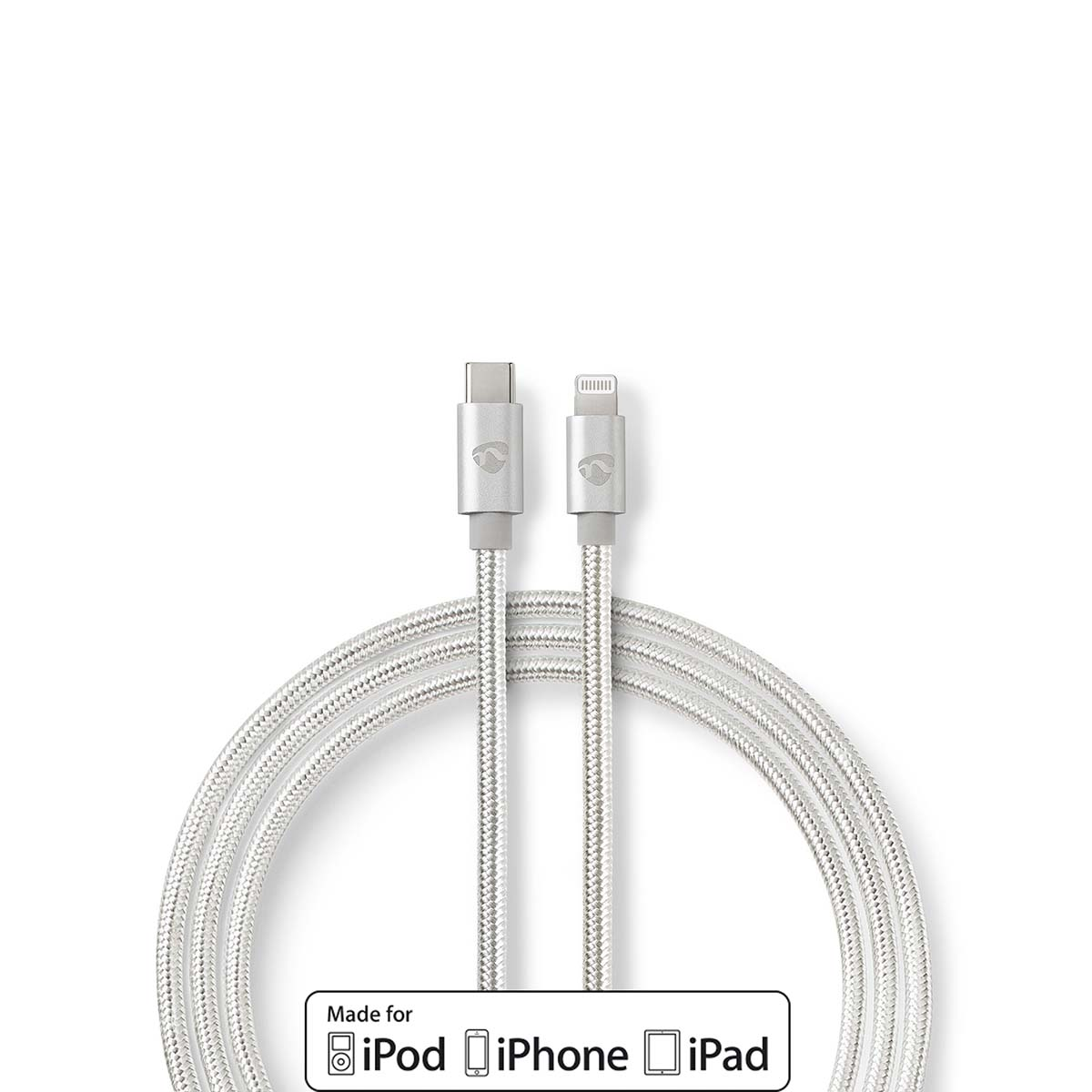 Cavo di ricarica argentato con connettori USB-C e Lightning, con sfondo bianco.