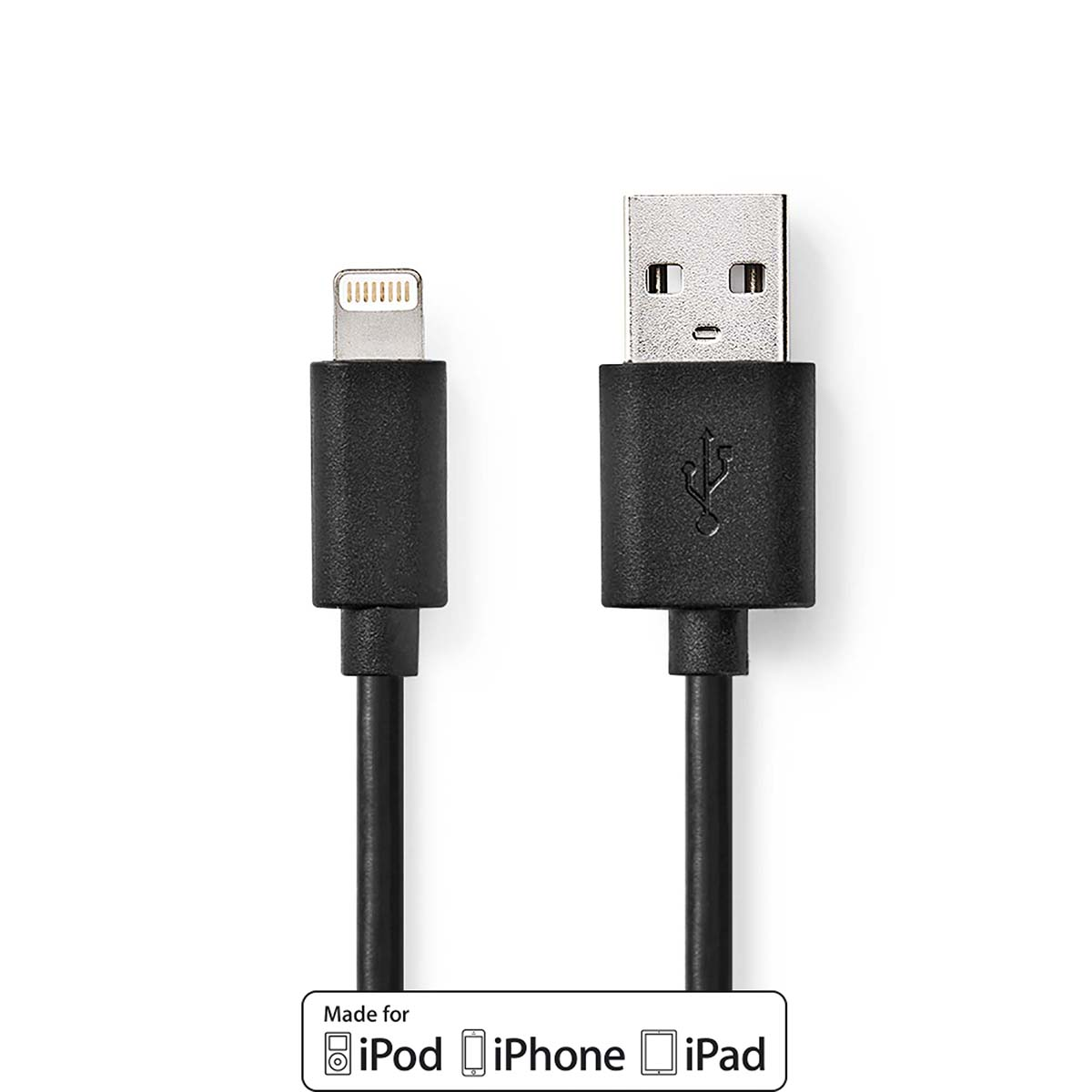 Cavo da USB a Lightning nero con sfondo bianco, etichettato per dispositivi Apple.