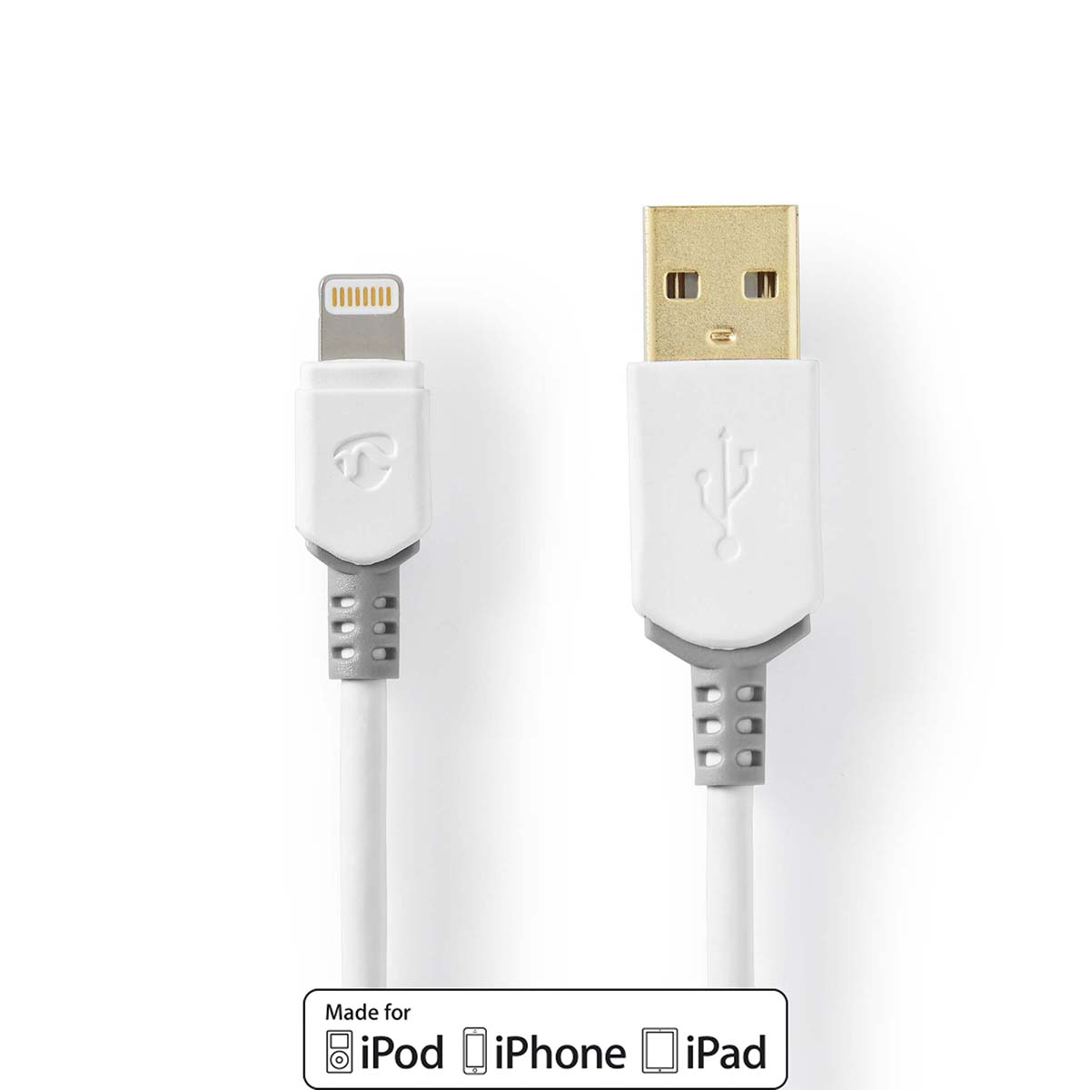 Cavo da USB a Lightning bianco. L'estremità USB è dorata. Per iPod, iPhone e iPad.