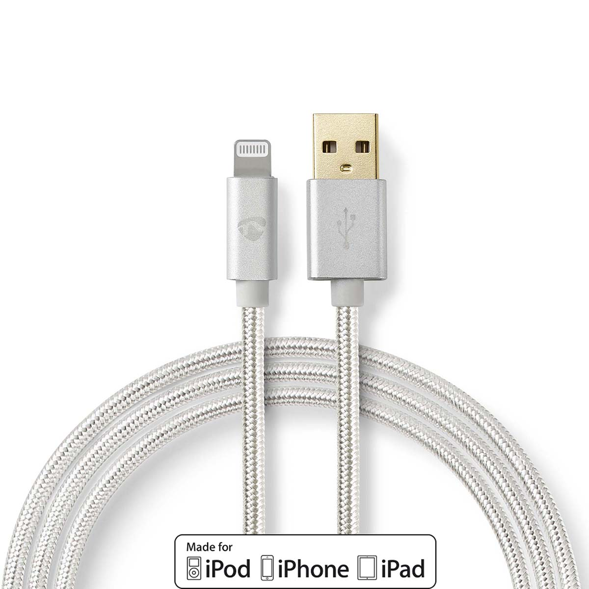 Cavo USB a Lightning argento e oro; cavo bianco, 'Made for iPod, iPhone, iPad'.