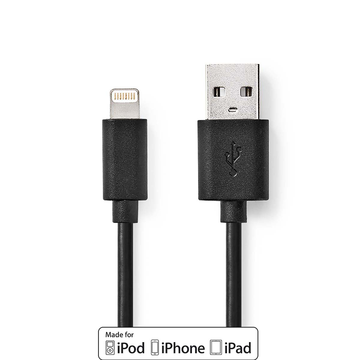 Schwarzes USB-auf-Lightning-Kabel. Das Lightning-Ende ist links, USB rechts.
