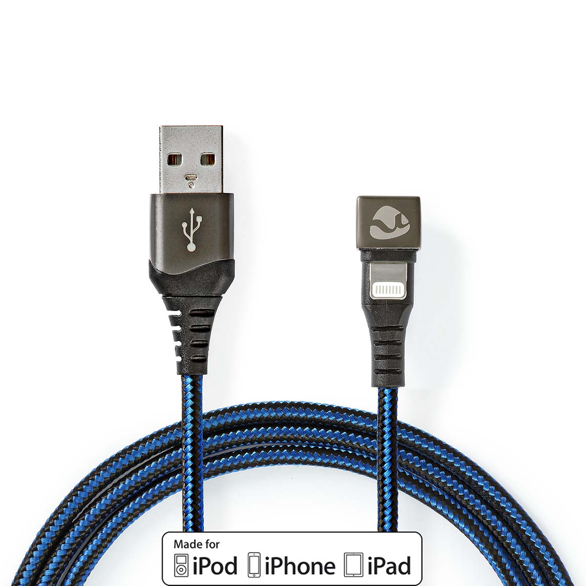 USB-auf-Lightning-Kabel, schwarz-blau geflochten, mit Steckern auf weißem Hintergrund.