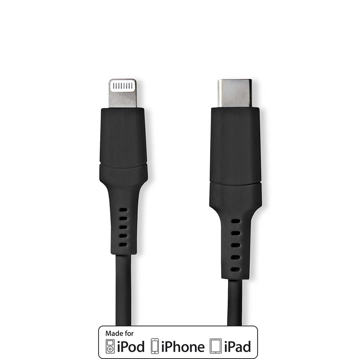 Schwarzes USB-C-auf-Lightning-Kabel. Weißer Hintergrund mit Logo: Made for iPod, iPhone, iPad.