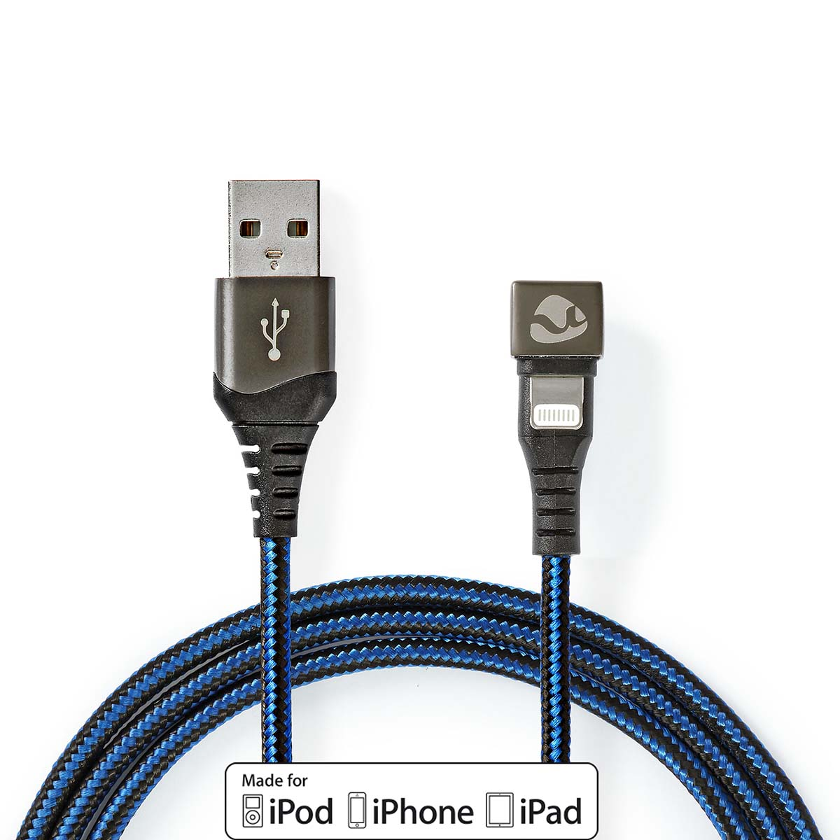 Zwart-blauwe gevlochten USB naar Lightning-kabel. Connectoren zijn zwart en zilver.