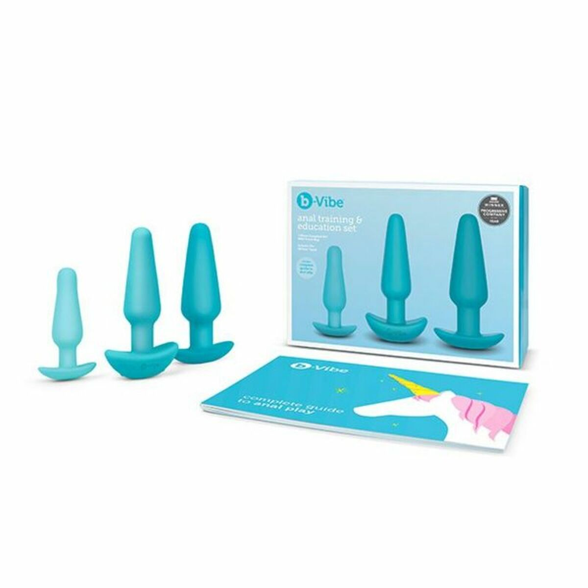 Set aus türkisblauen Analkugeln, mit einer Box und einem Ratgeber, auf weißer Oberfläche.