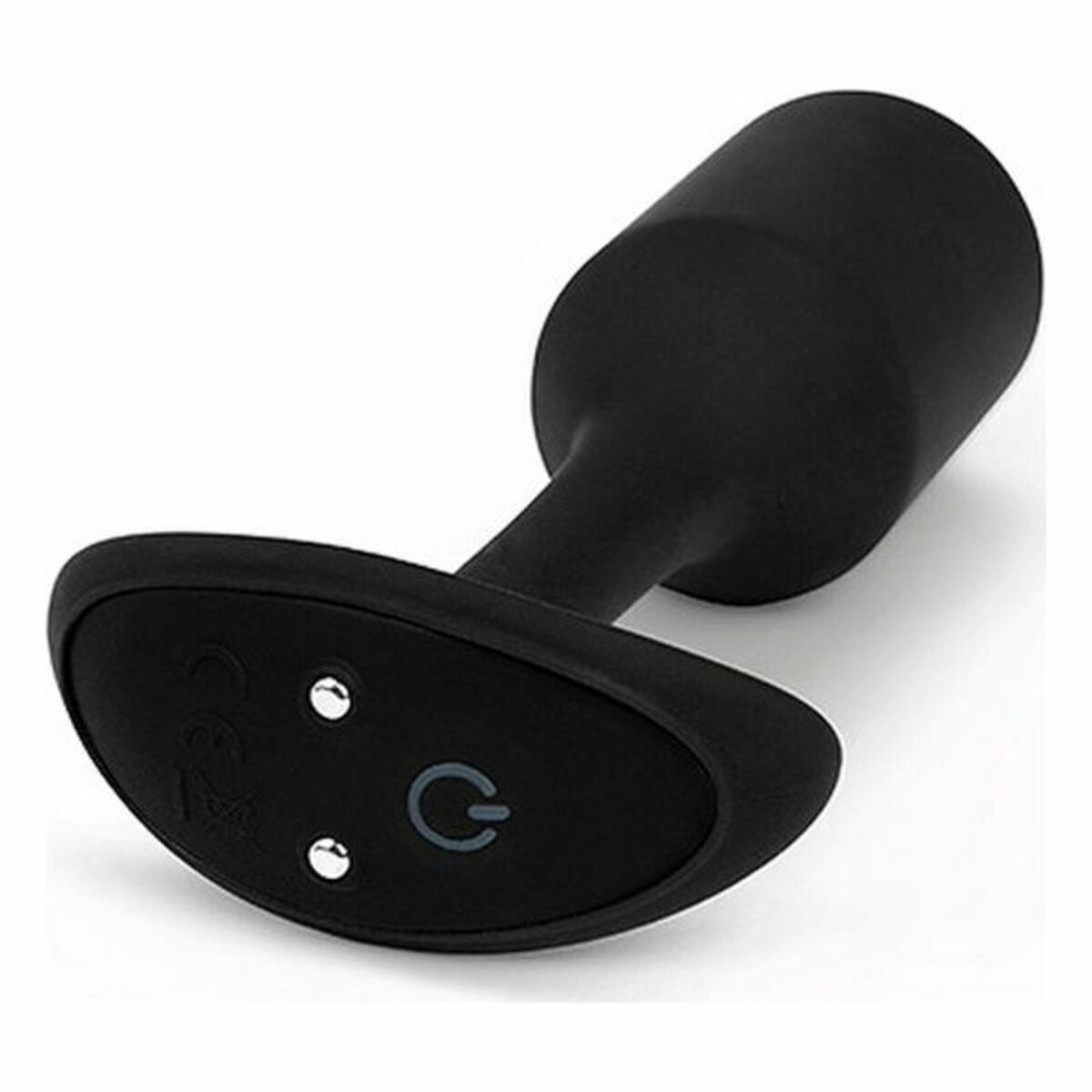 Ein schwarzer Analplug mit flacher Basis und Ein-/Aus-Taste auf weißem Grund.