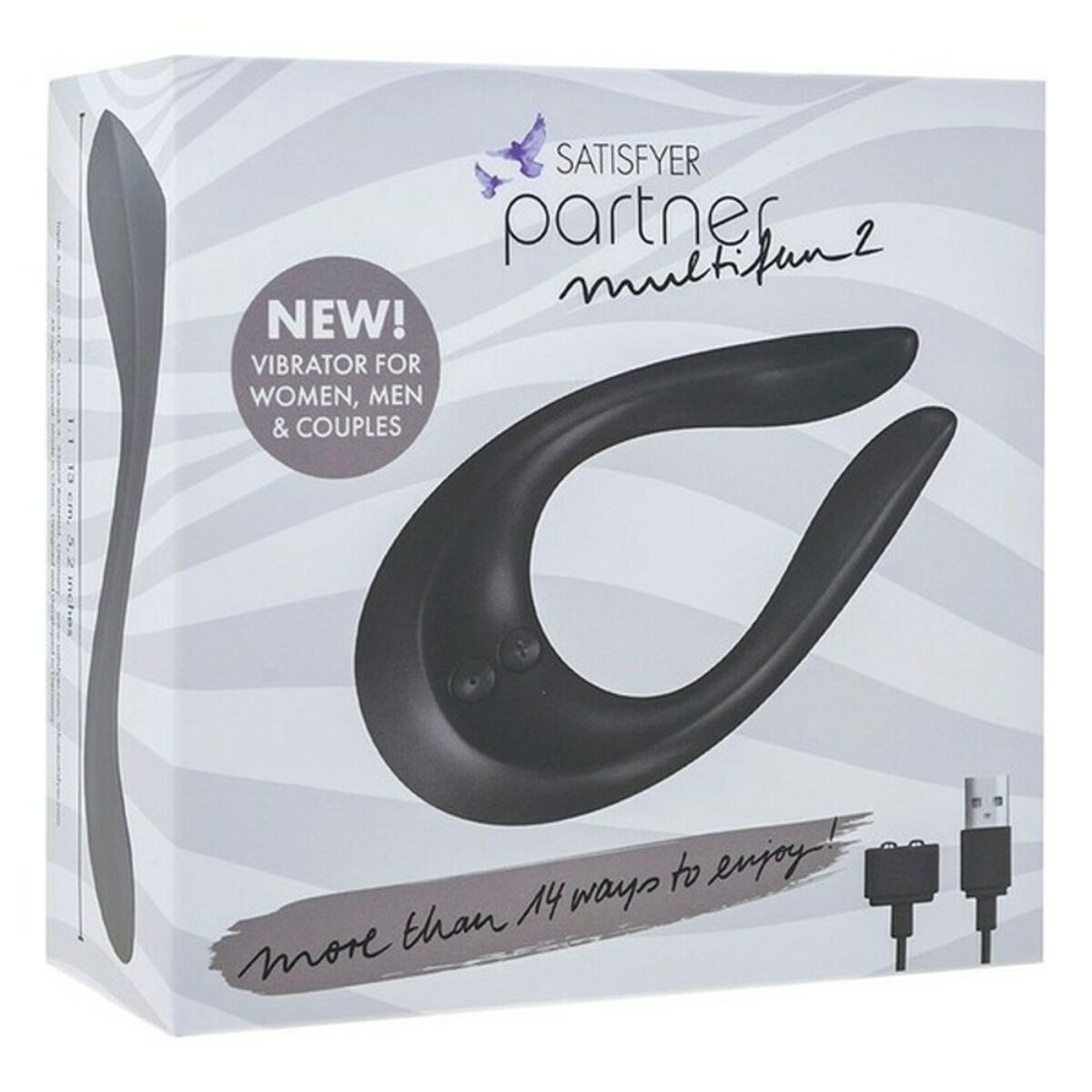 Una caja del vibrador Satisfyer Partner Multifun 2 con un vibrador negro en la parte delantera.