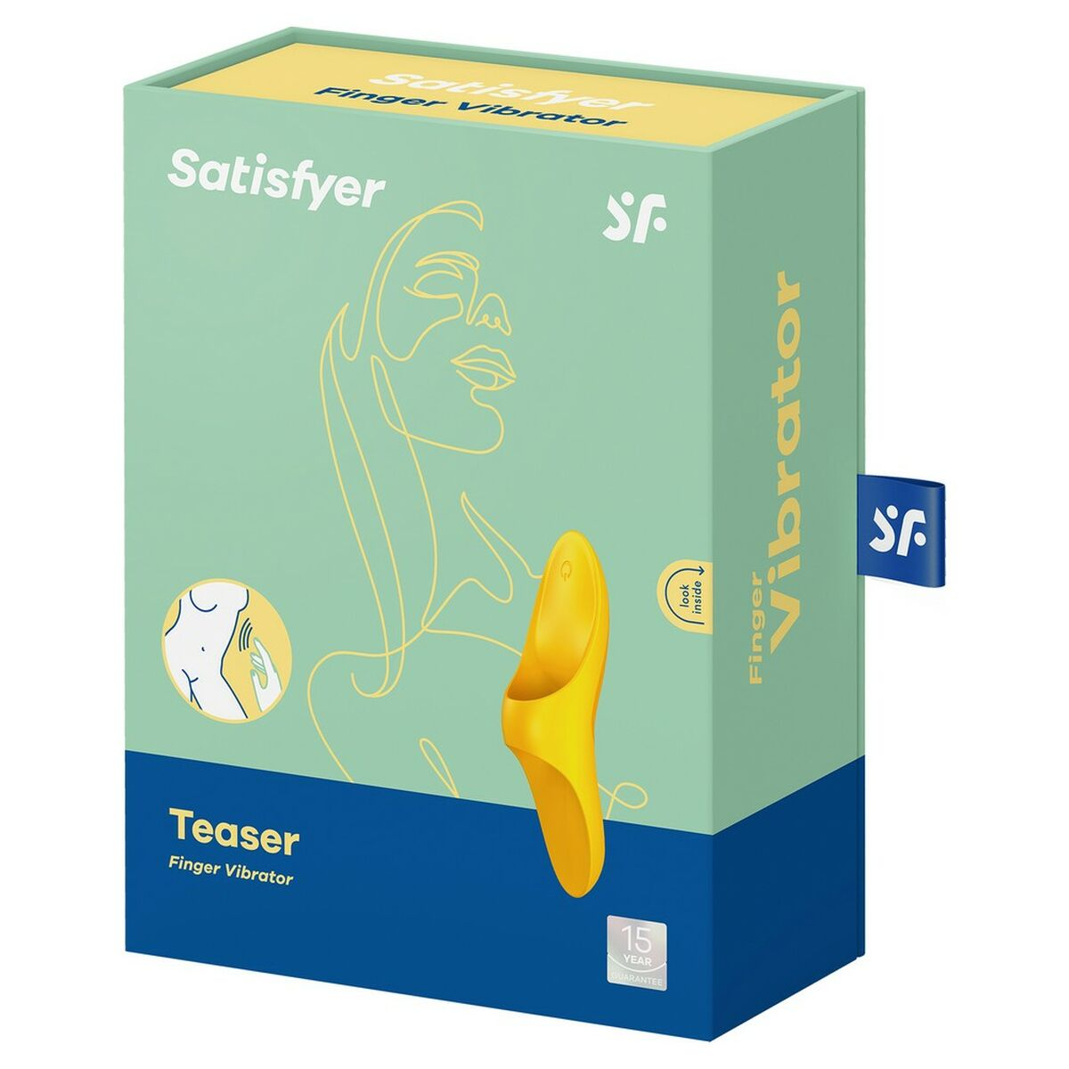 Vibrador de dedo amarillo en caja con cara de mujer. Colores verde y amarillo.