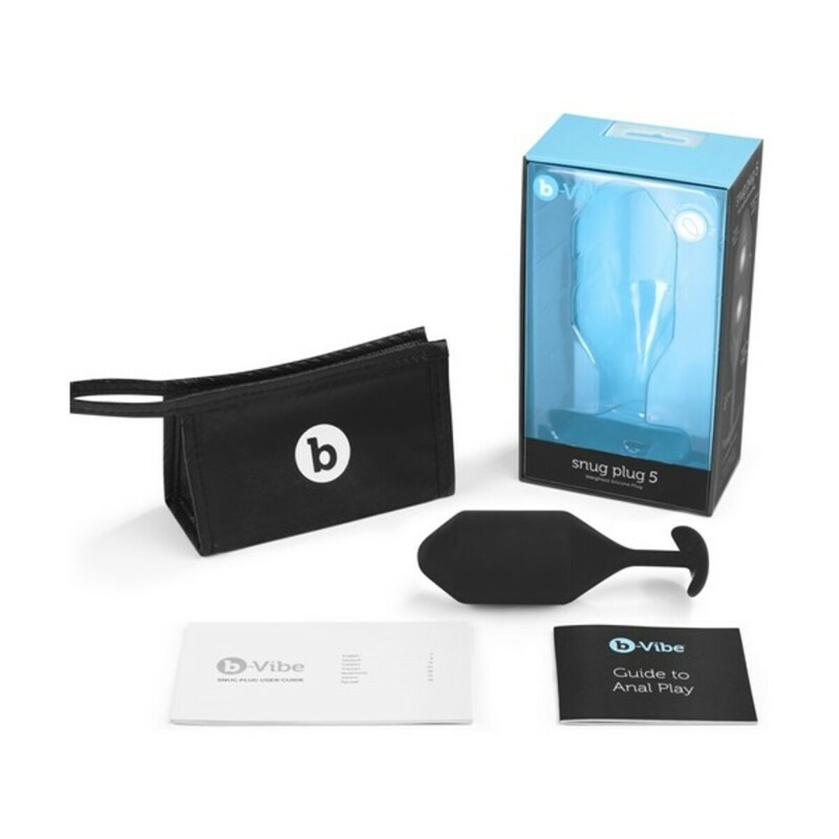 Schwarzes und blaues Sexspielzeug-Set mit schwarzer Tasche und Produktinformationen.