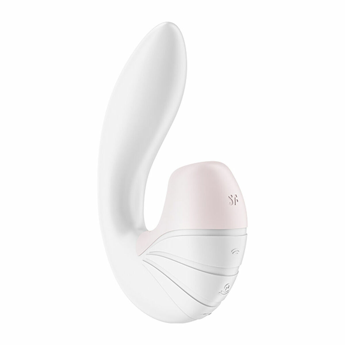 Un vibrador blanco con punta rosa, en forma curvada.