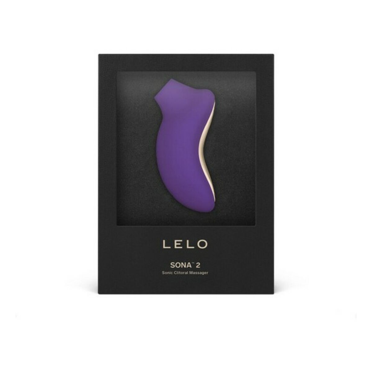 Un masajeador clitoriano morado en una caja negra etiquetada LELO SONA 2.