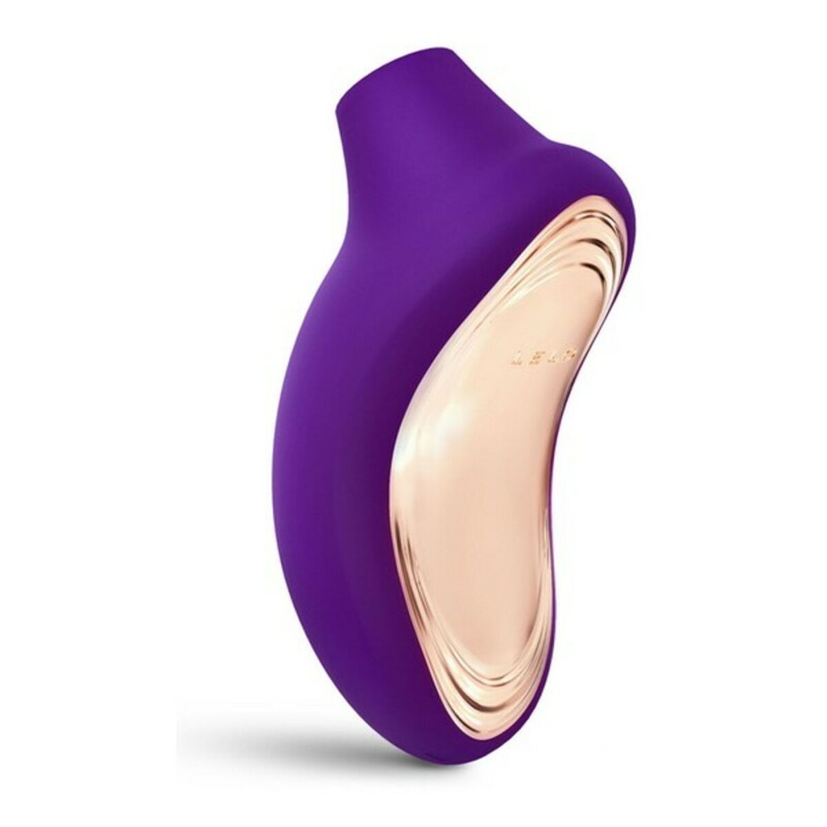 Juguete sexual morado con detalles dorados. Tiene forma curva y superficie lisa.