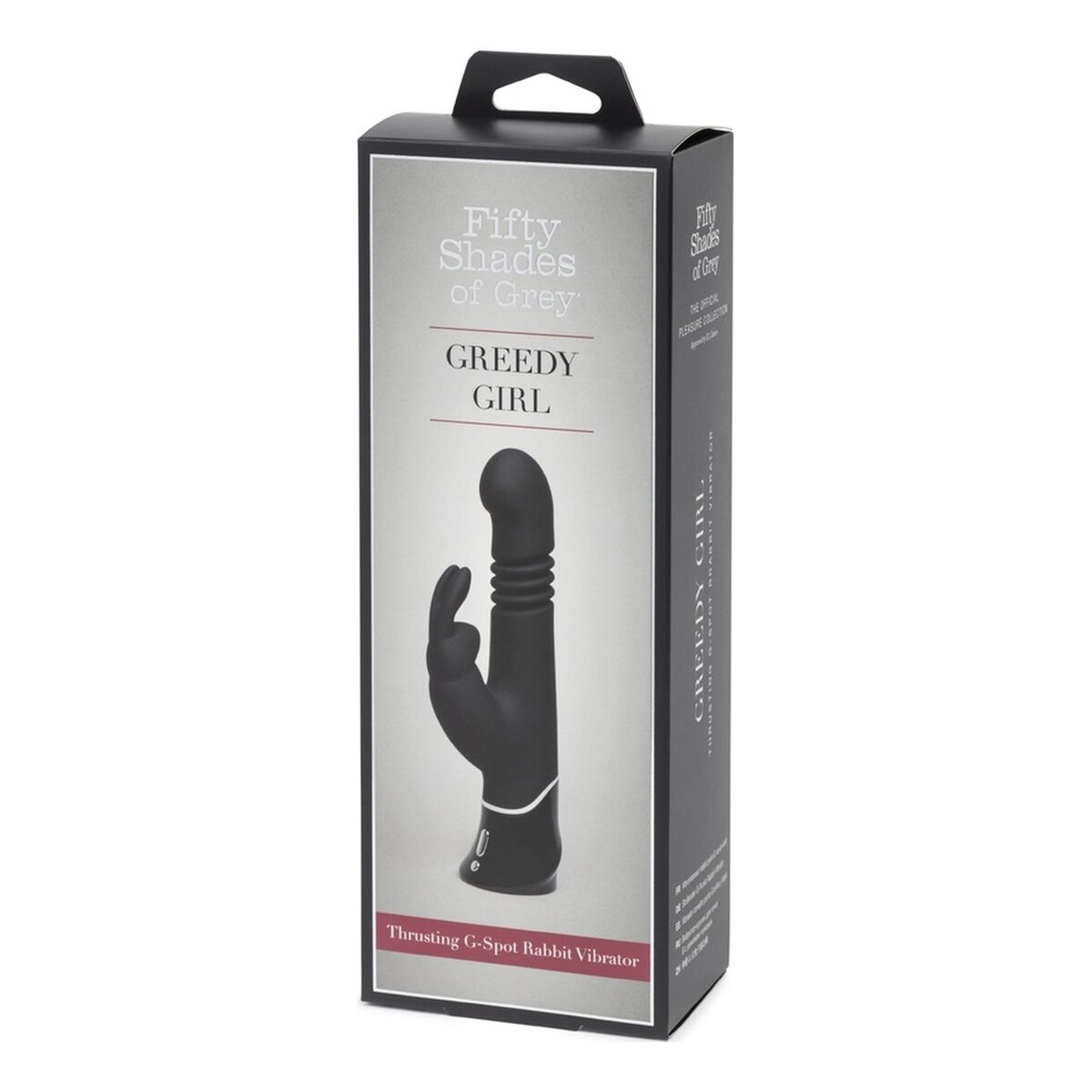 Verpackung für einen Thrusting G-Spot Rabbit Vibrator. Schwarze Box mit Produktbild und Text. Weißer Hintergrund.