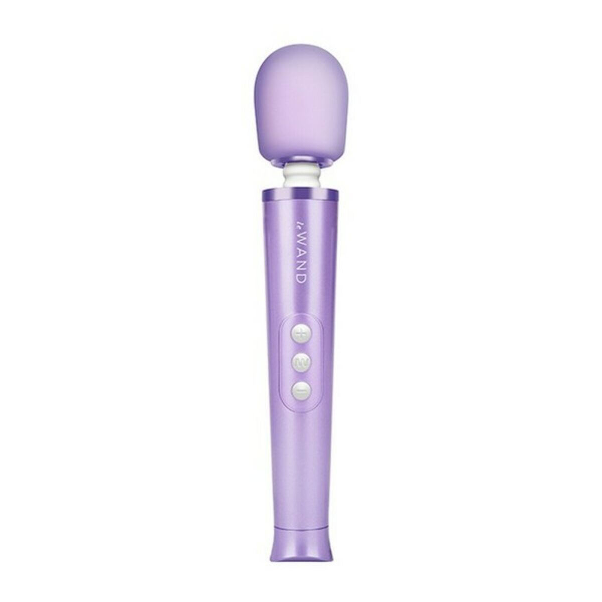 Ein lila Vibrator mit drei Knöpfen und einem abgerundeten Kopf. Der Markenname 'WAND' ist aufgedruckt.
