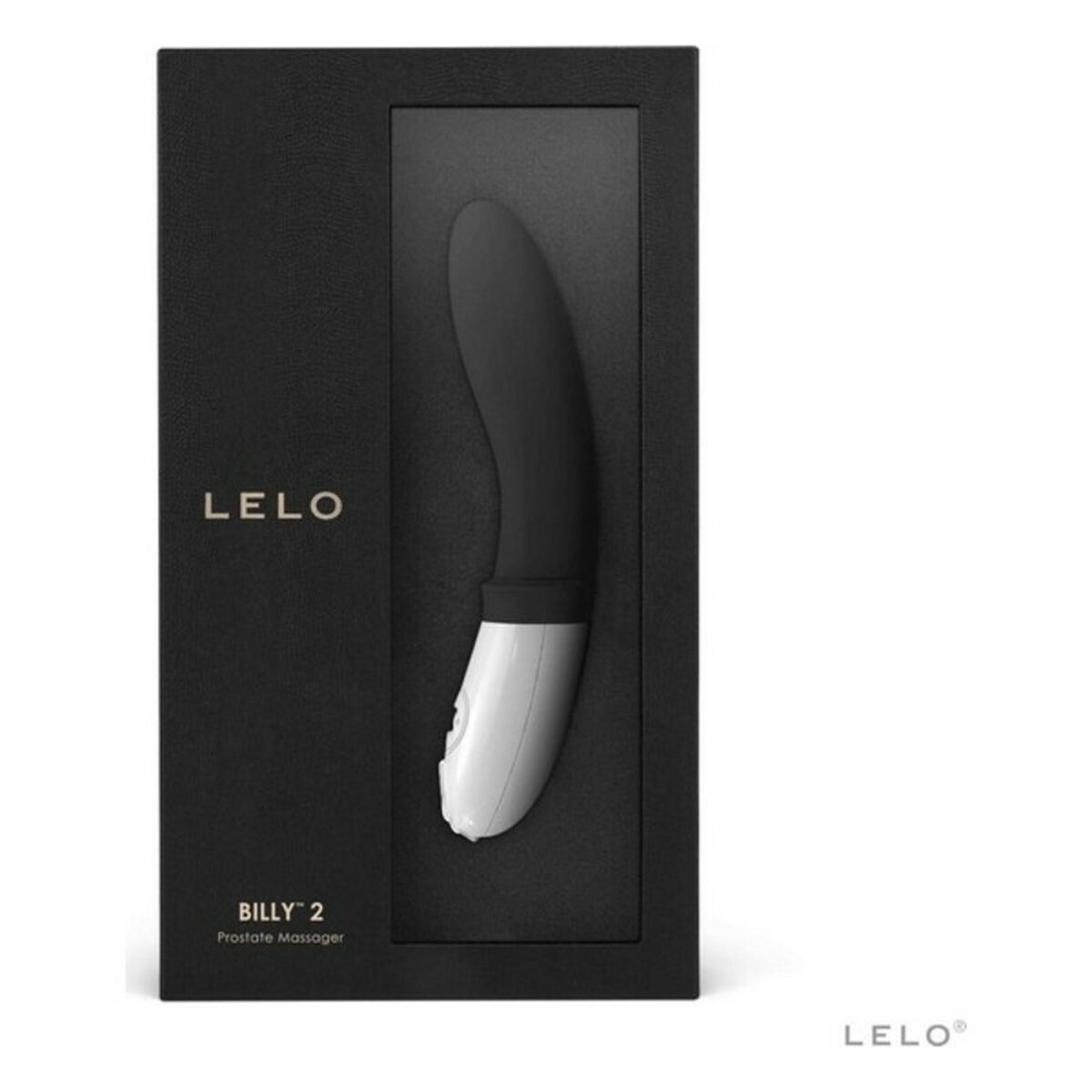Schwarzer Lelo Prostatamassager in einer schwarzen Box, mit dem Lelo-Logo.