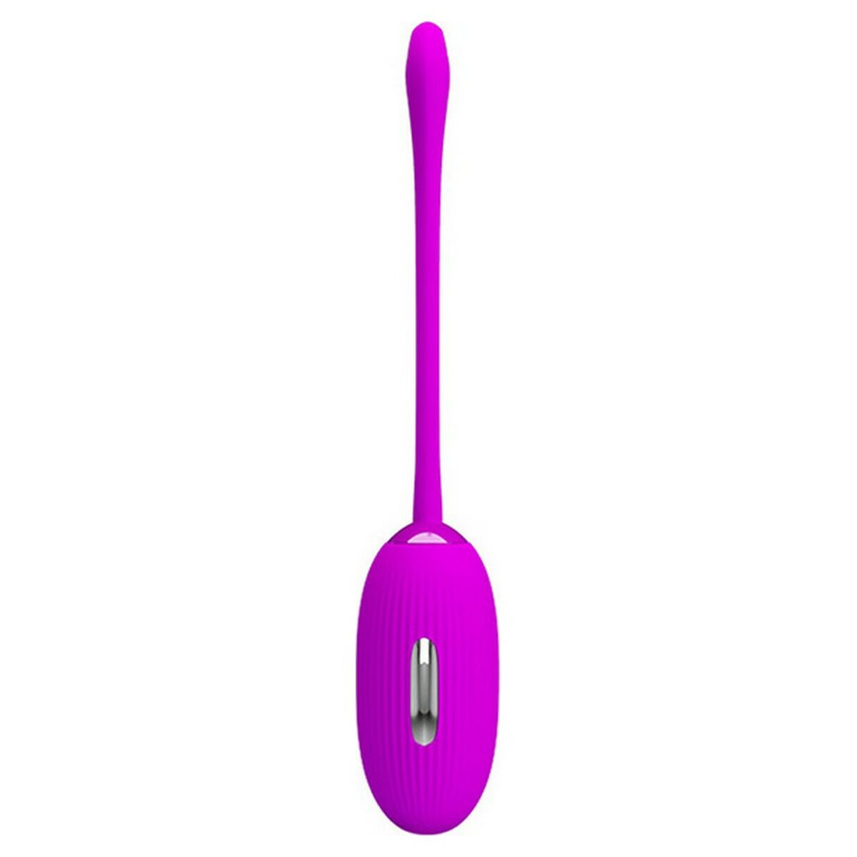 Juguete sexual morado, largo, forma curva, con superficie texturizada.