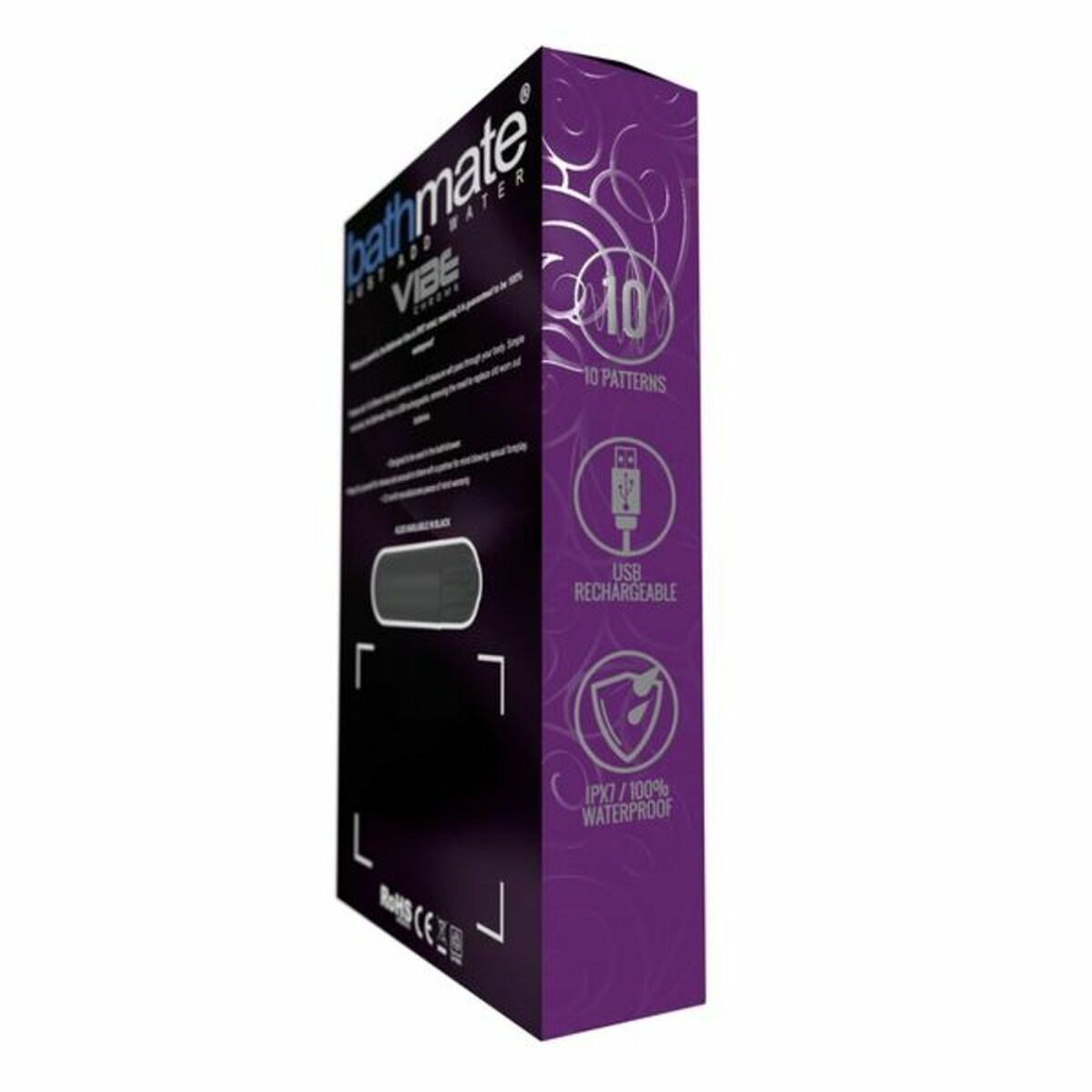 Una caja morada con las palabras "bathmate" y "vibe", un puerto USB y 10 patrones.
