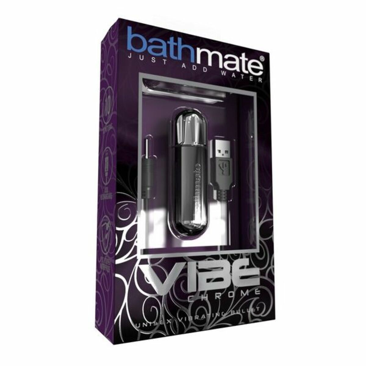 Una bala vibradora negra en una caja morada. Texto: bathmate Vibe Chrome.
