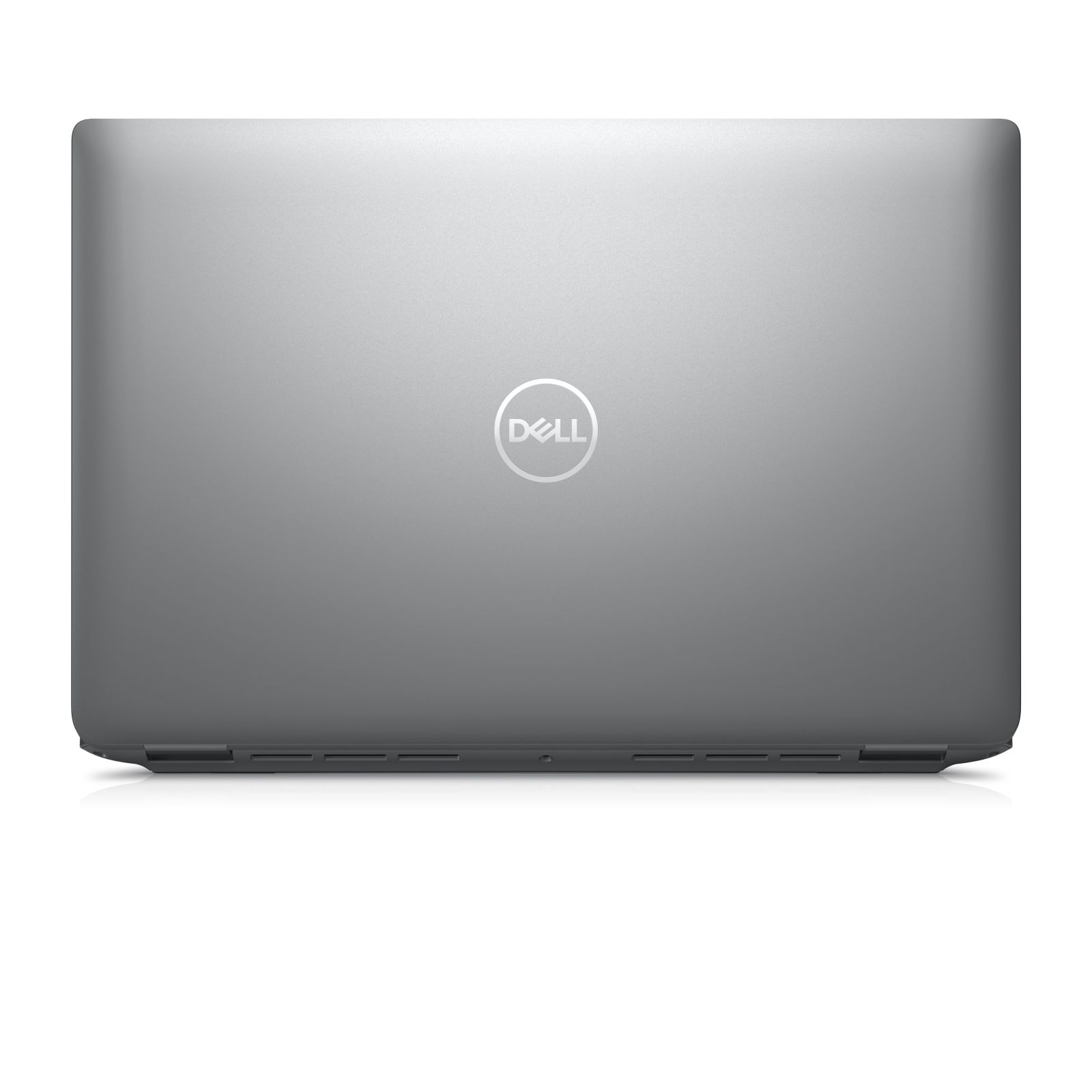 Laptop argentato, chiuso, logo Dell visibile.