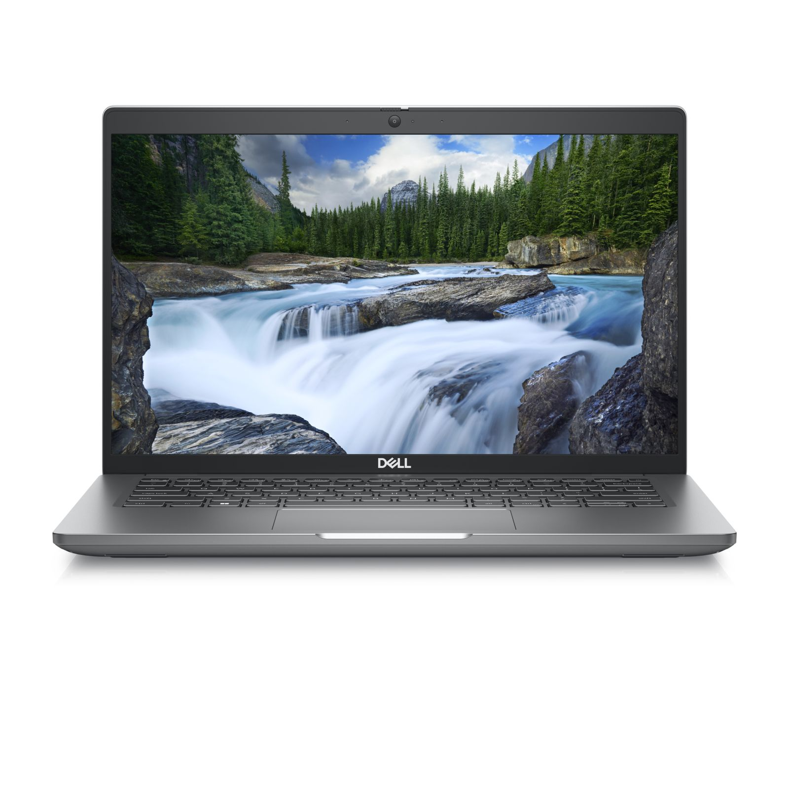 Laptop Dell con paesaggio con cascata e alberi. Scocca argentata.