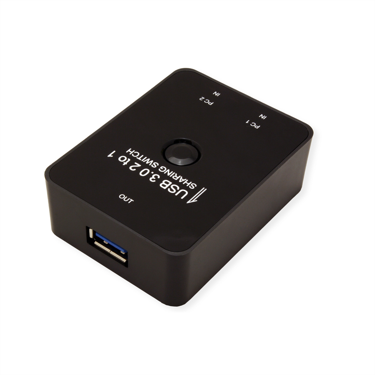 Schwarzer USB 3.0-Sharing-Switch mit Eingängen und einem Ausgangsanschluss.
