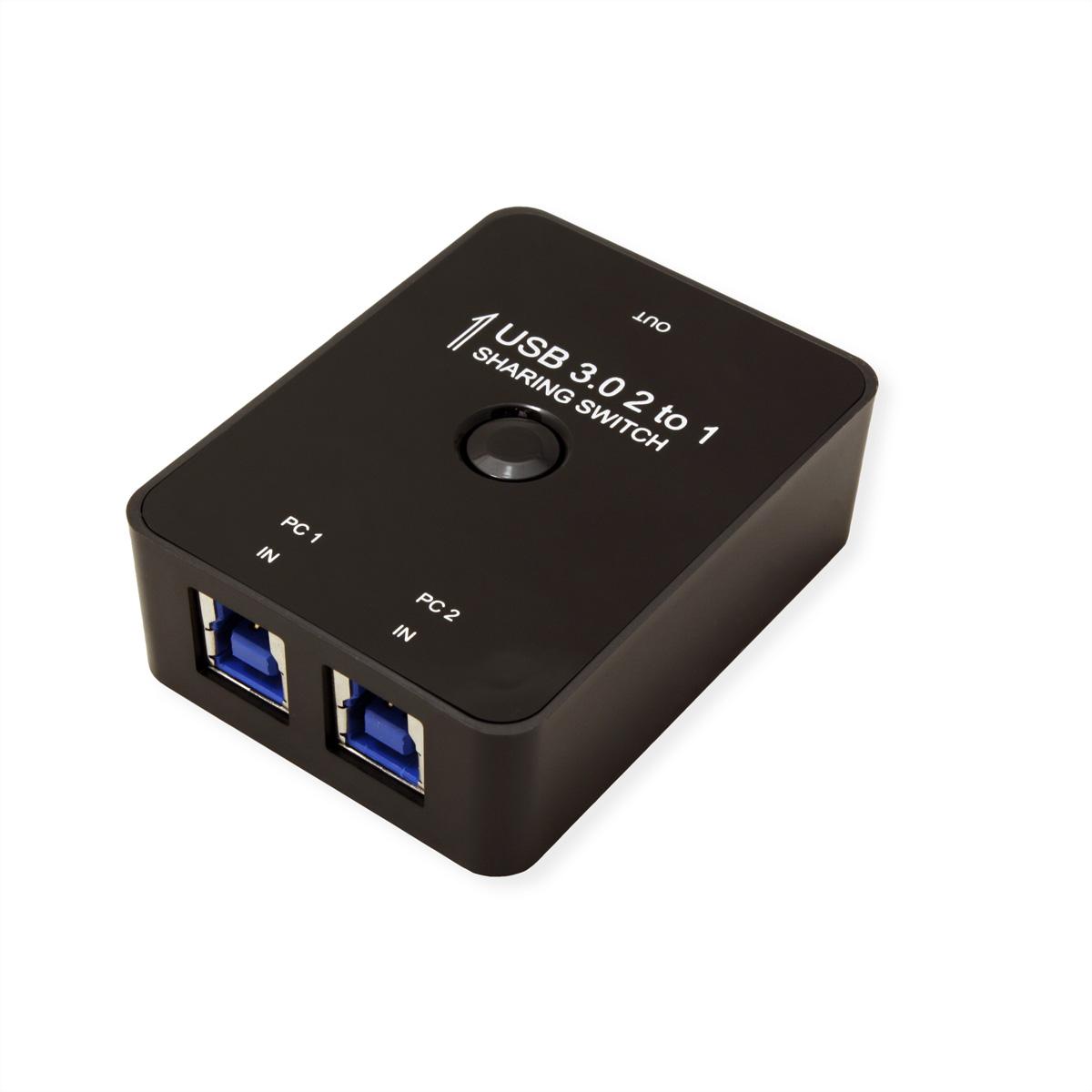 Ein schwarzer USB 3.0 2-zu-1-Sharing-Switch mit zwei USB-Eingängen und einem Ausgang.