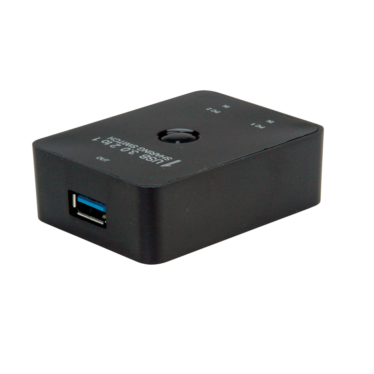 Schwarzer USB 3.0-Sharing-Switch mit USB-Anschlüssen, die mit 'IN' und 'OUT' beschriftet sind, auf weißem Hintergrund.