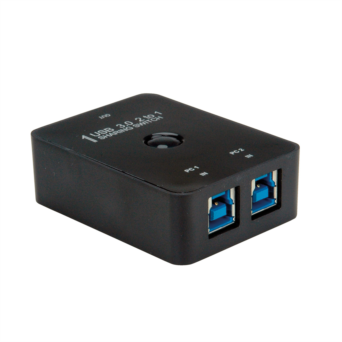 Schwarzer USB 3.0-Sharing-Switch mit zwei USB-Anschlüssen und PC-Anschlüssen, isoliert.