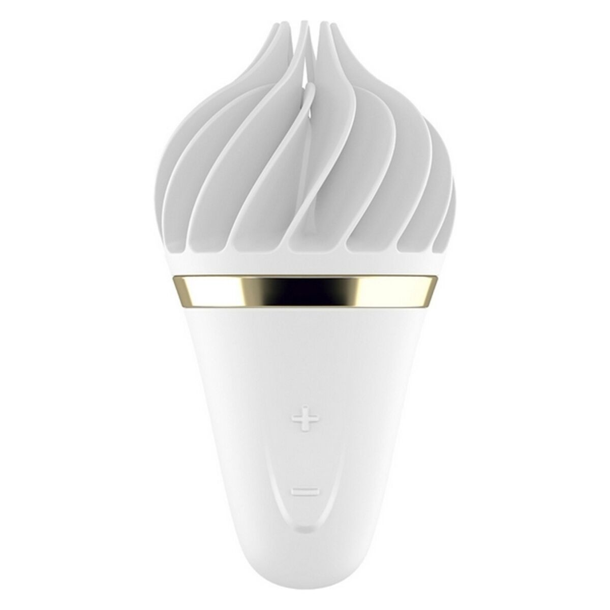 Biała zabawka erotyczna. Ma kształt stożka ze złotą opaską i przyciskiem plus i minus.